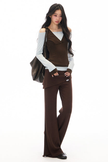 One-Shoulder V-Neck Long-Sleeve T-Shirt and Pants Set-Up