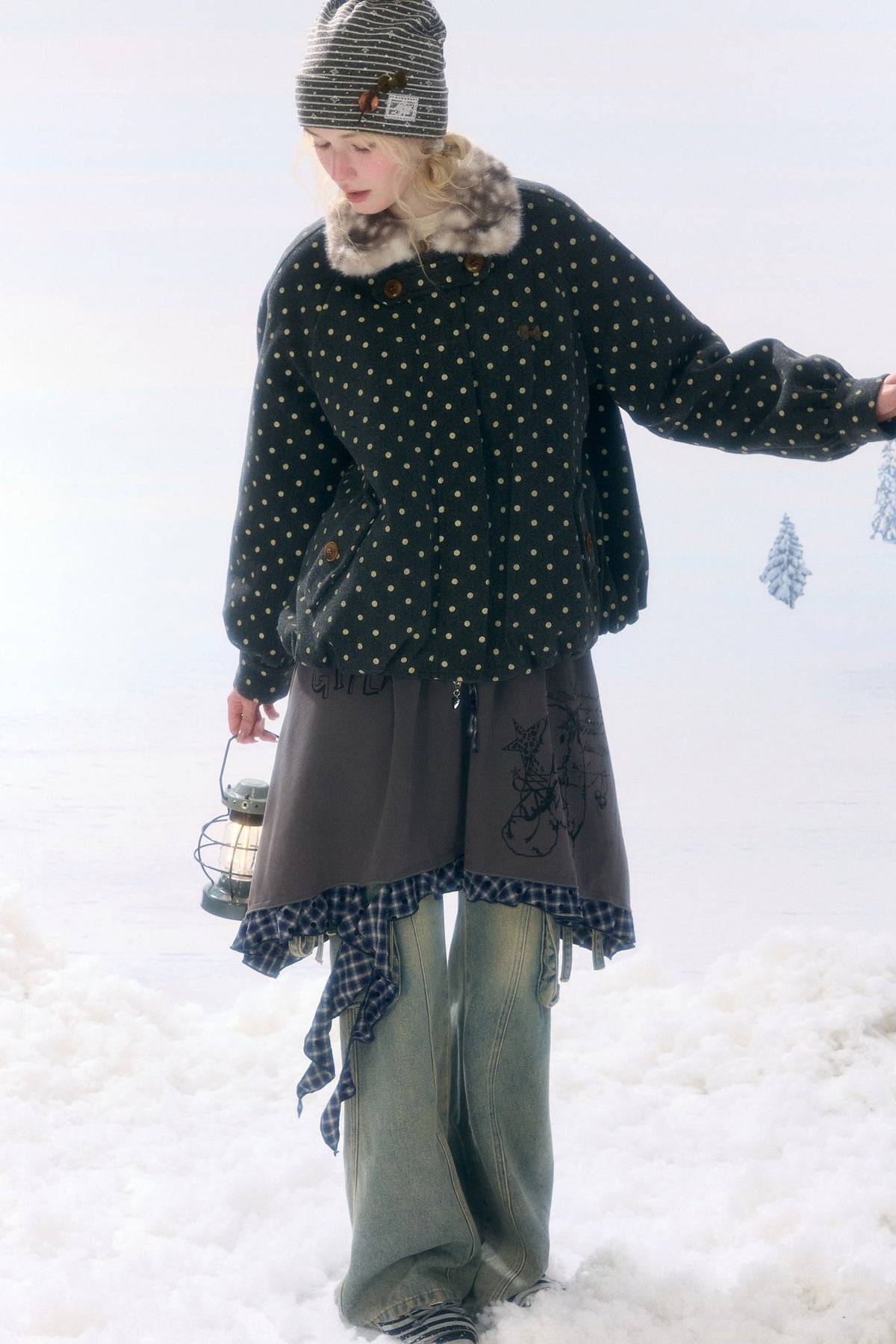 Short Polka Dot Plush Collar Cotton Jacket