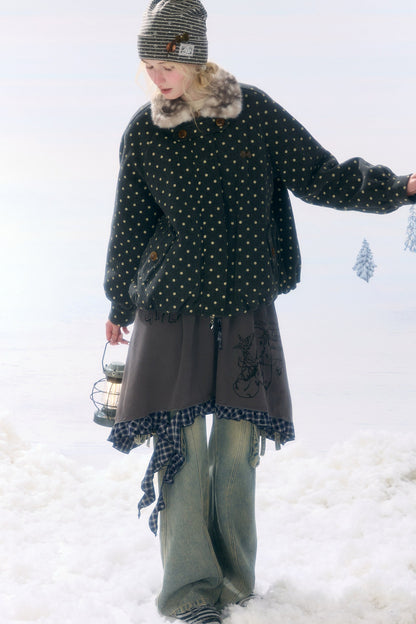 Short Polka Dot Plush Collar Cotton Jacket