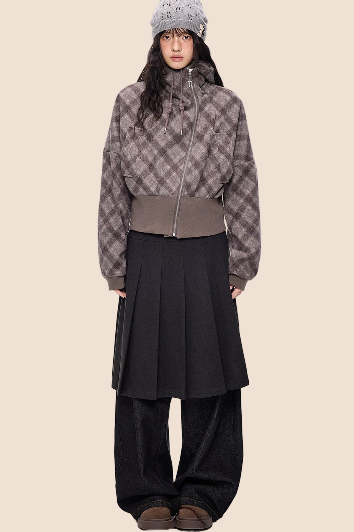 Plaid Patchwork Hem Hooded Jacket