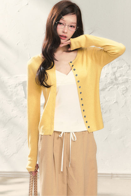 Yellow Long-Sleeve Knit Cardigan Set with Camisole and Pants Set-Up