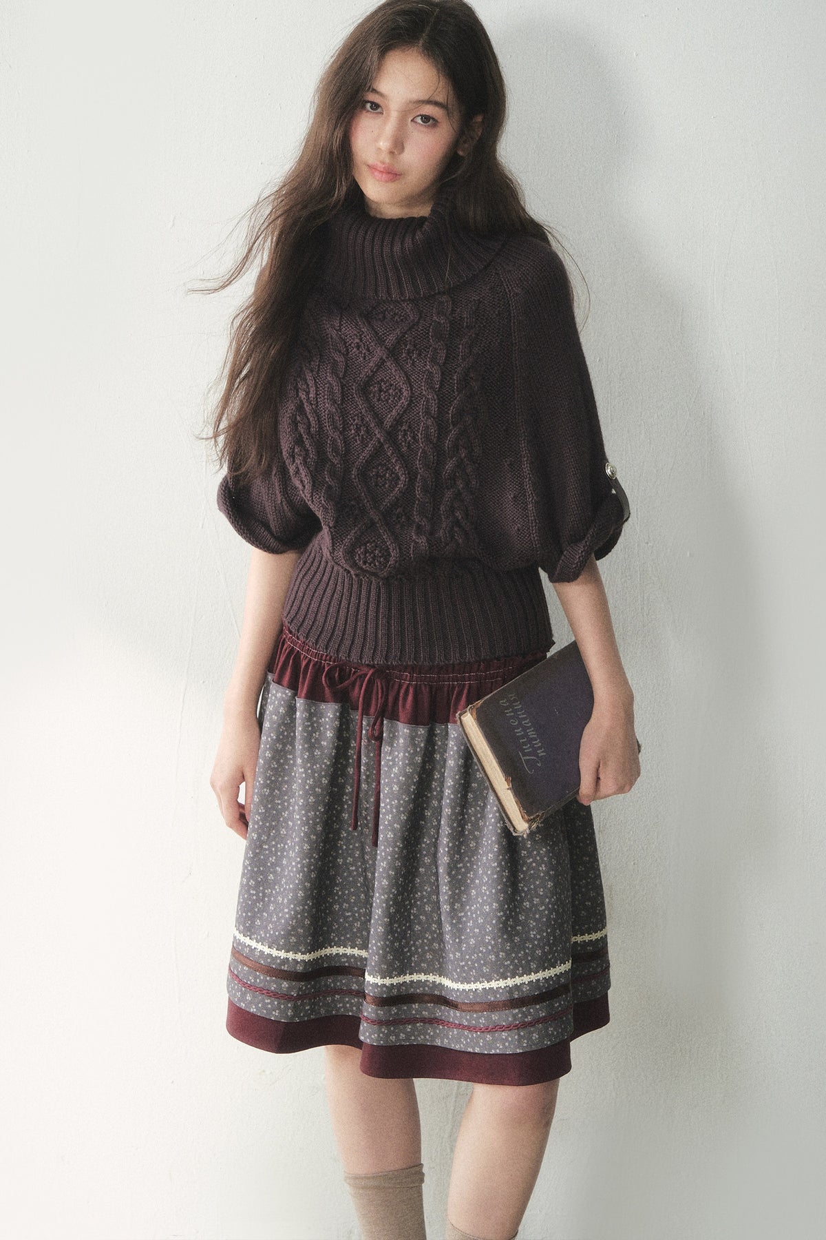 Berry Purple High-Neck Wool Knit Cape