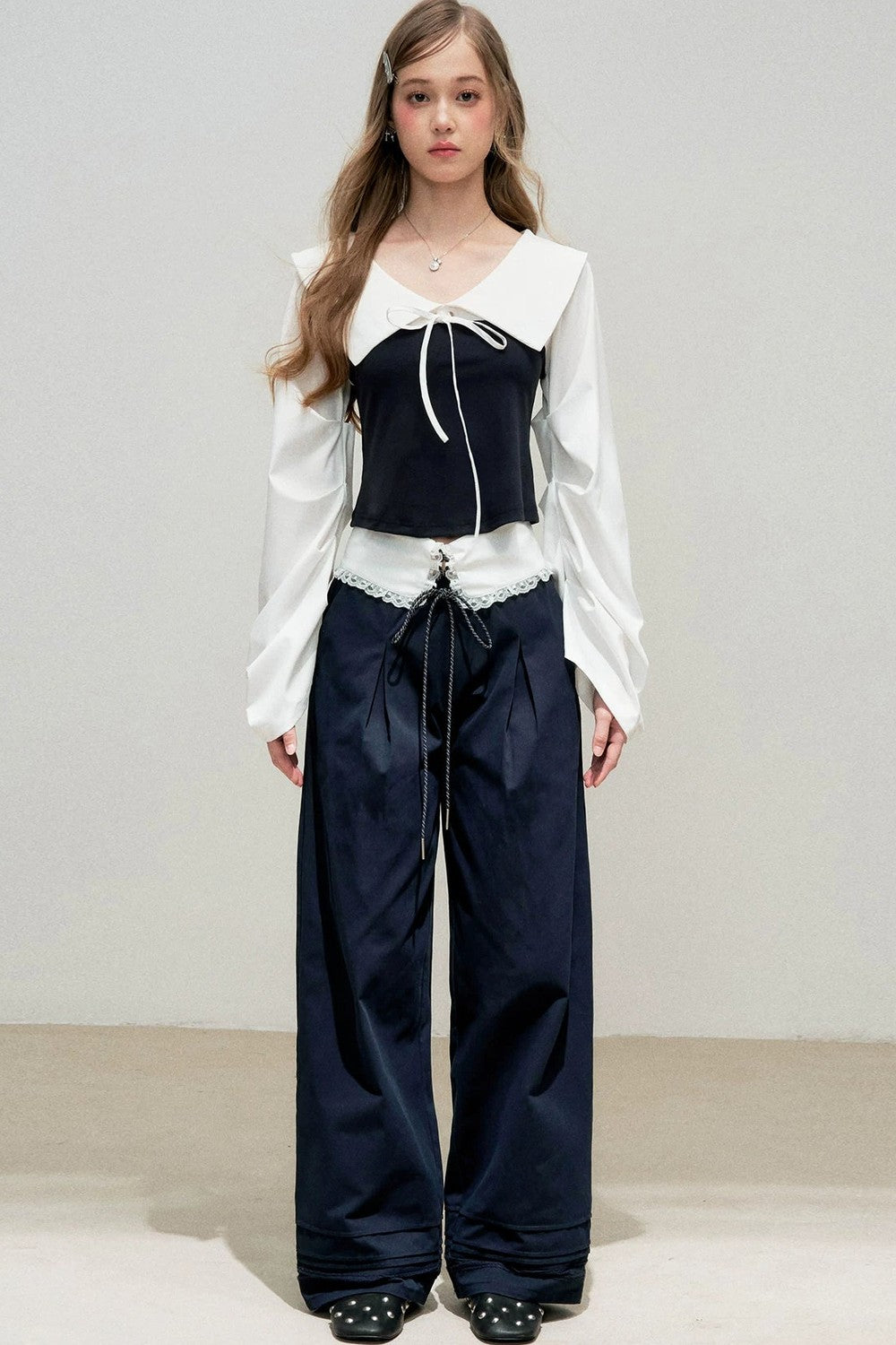 Navy Bow Patchwork Blouse