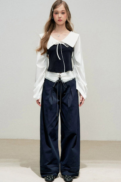 Navy Bow Patchwork Blouse