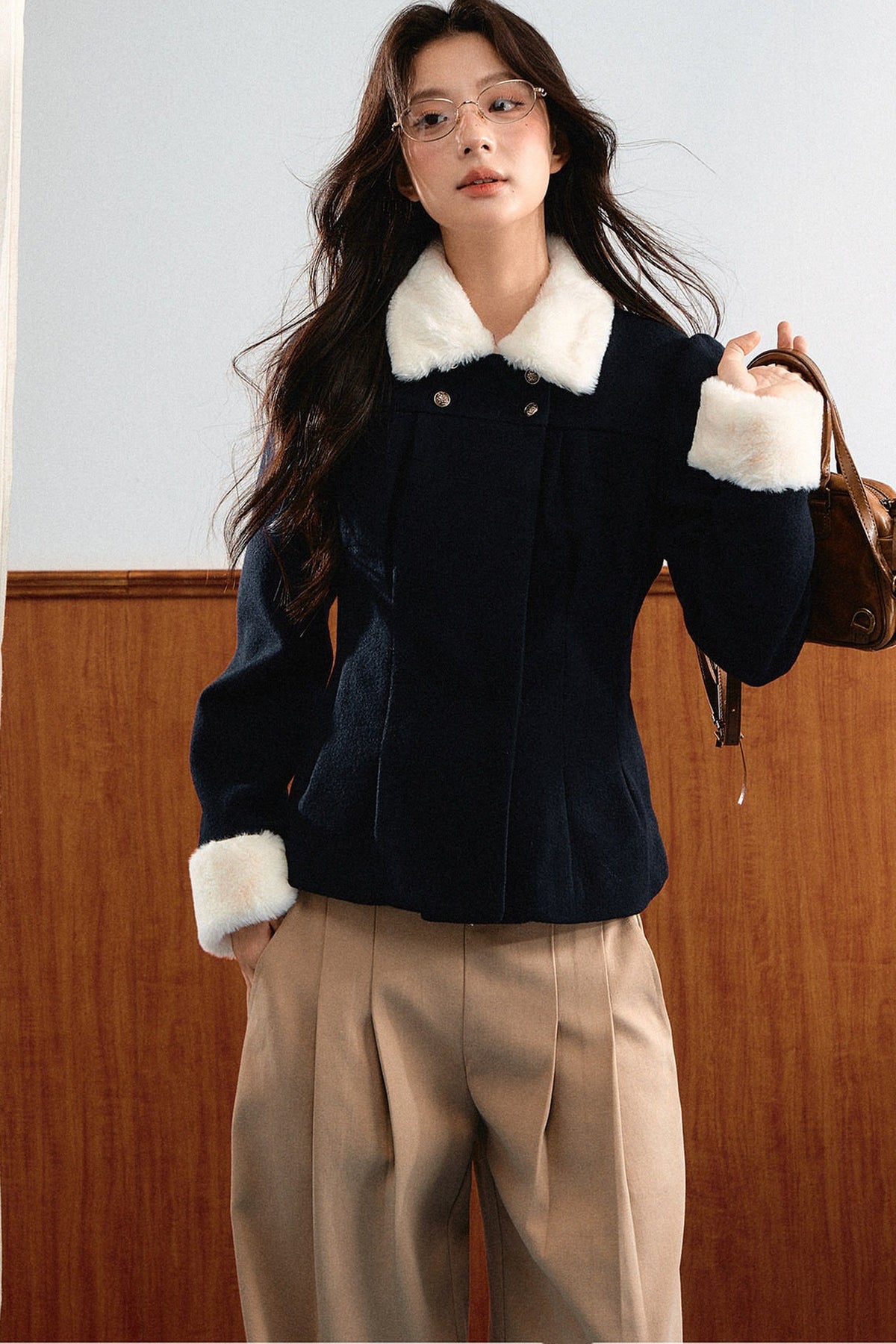 Puff Shoulder Faux Mink Fur Lapel Jacket