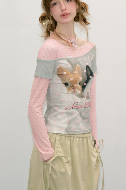 Color-Block Patchwork Rabbit Print Long Sleeve Top