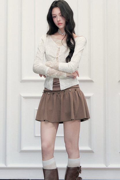 Brown Button High-Waisted A-Line Skirt
