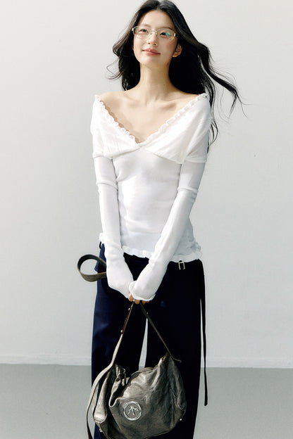 Ruffle-Trimmed Off-Shoulder Knit Top