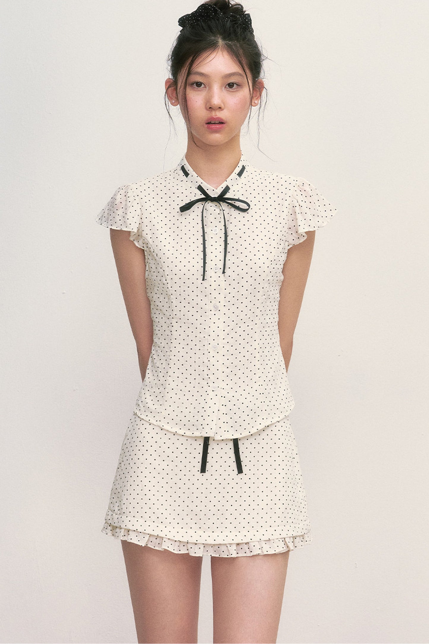 Polka Dot Tie Neck Short-Sleeved Shirt and Skirt Set-Up