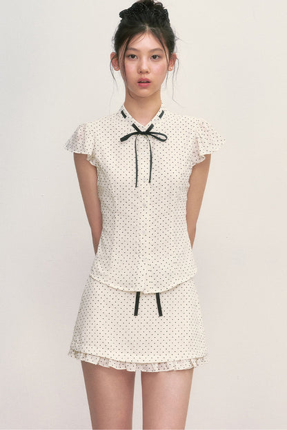 Polka Dot Tie Neck Short-Sleeved Shirt and Skirt Set-Up