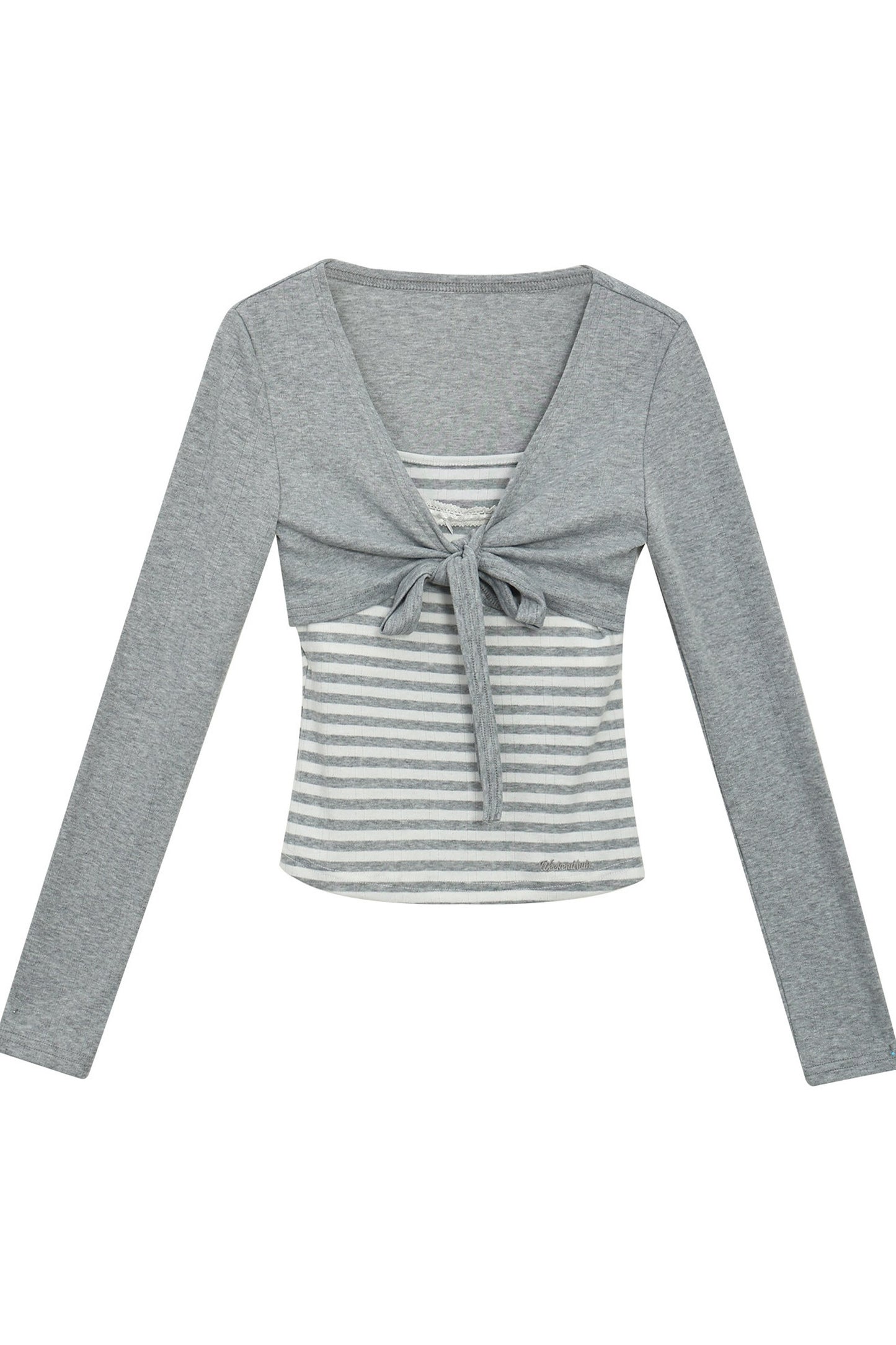 Striped Bow Tie Long Sleeve Cardigan and Lace Camisole Set-Up