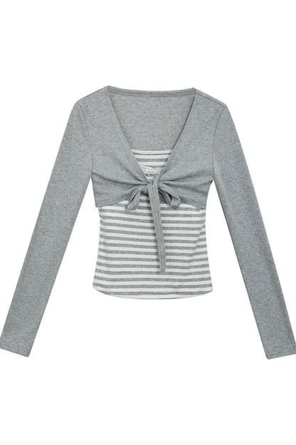 Striped Bow Tie Long Sleeve Cardigan and Lace Camisole Set-Up