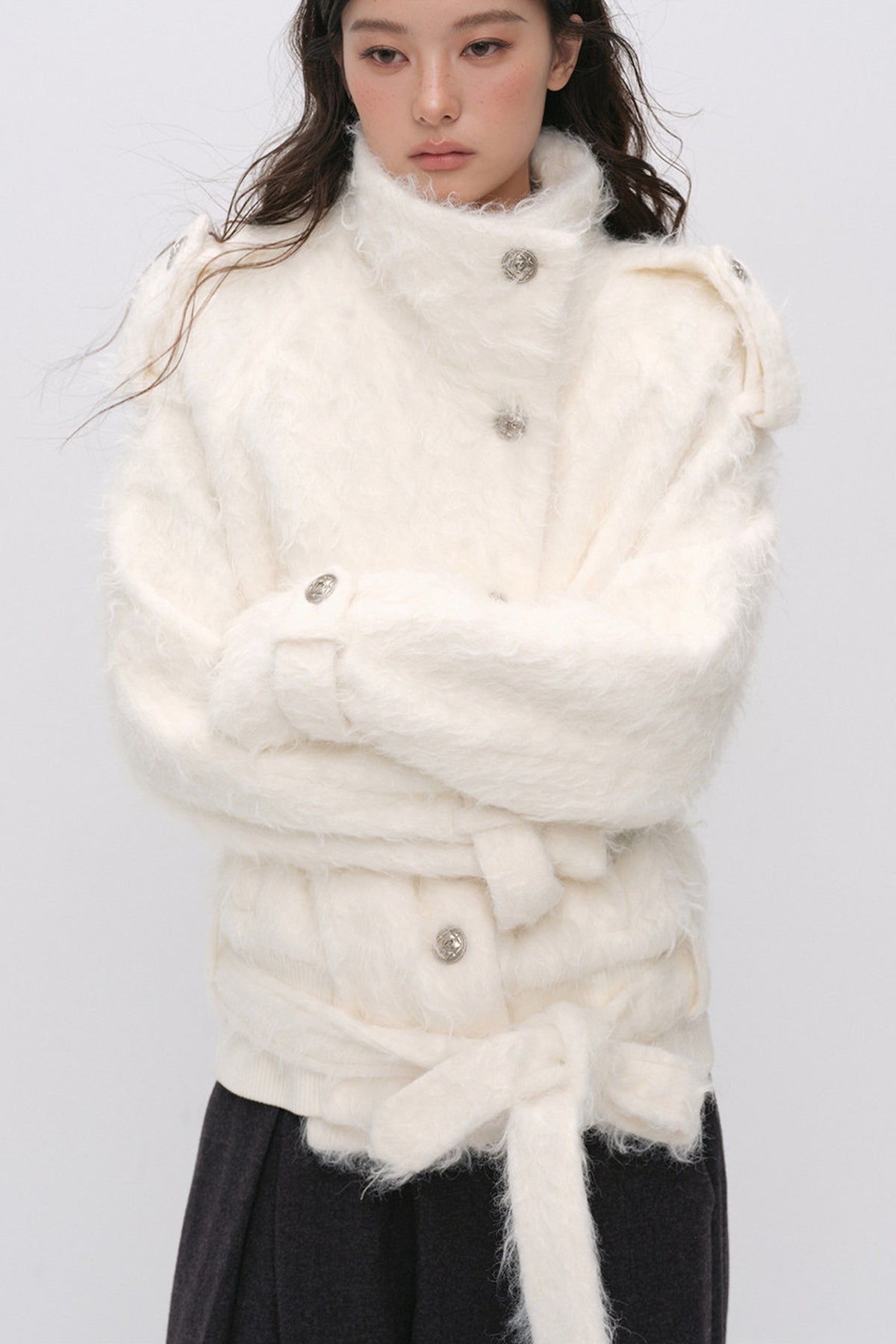 Faux Fur Diagonal Placket Tie Waist Jacket