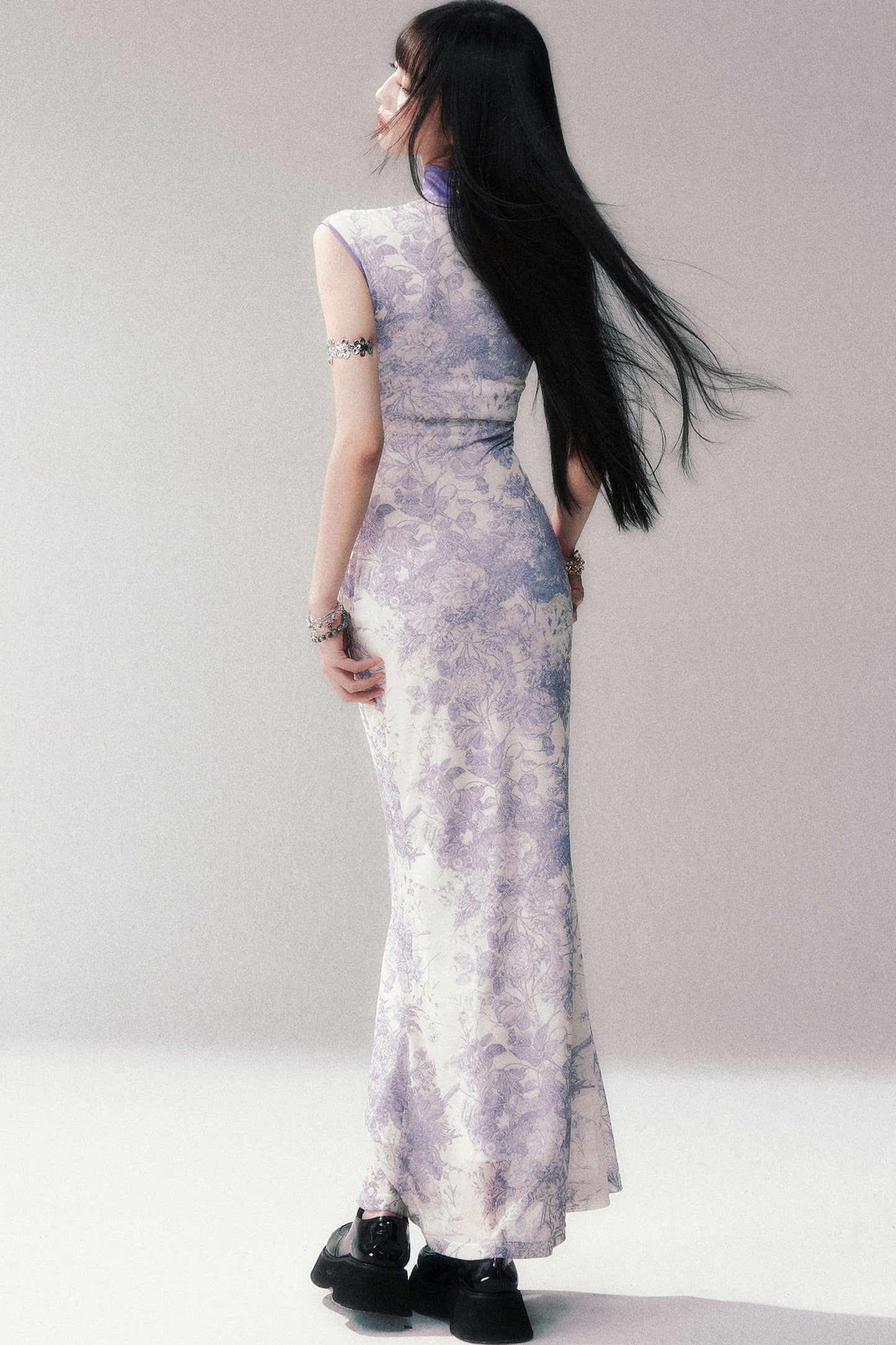 Stretch Mesh Printed Cheongsam Dress