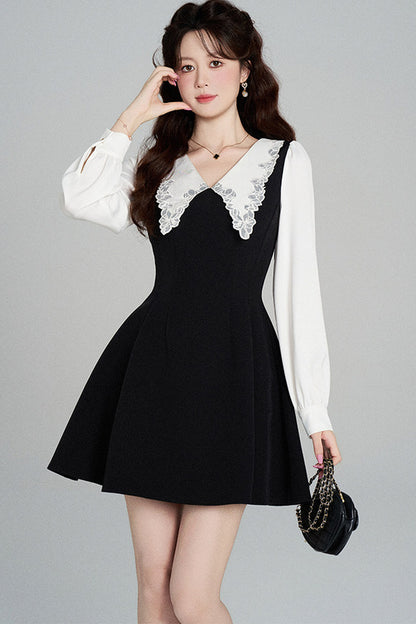 Schwarzes A-Linien-Kleid mit Bubikragen und tailliertem Schnitt