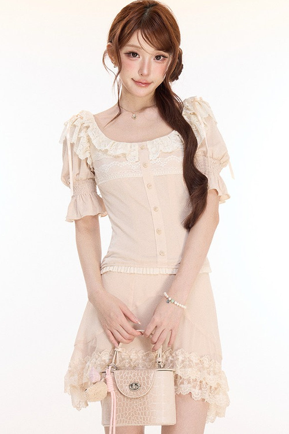 Floral Lace Lantern Sleeve Top and Chiffon Skirt Set-Up