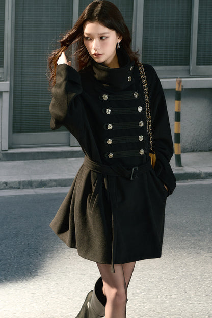 Double-Breasted Drop Shoulder Belted Woolen Coat