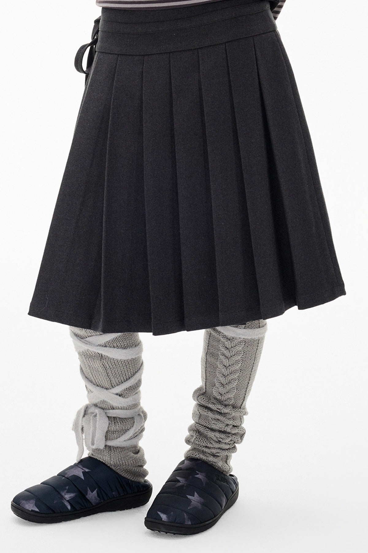Double-Breasted Wool Coat and Pleated Skirt Set
