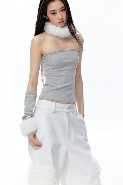 Top a fascia in maglia con collo in pelliccia staccabile