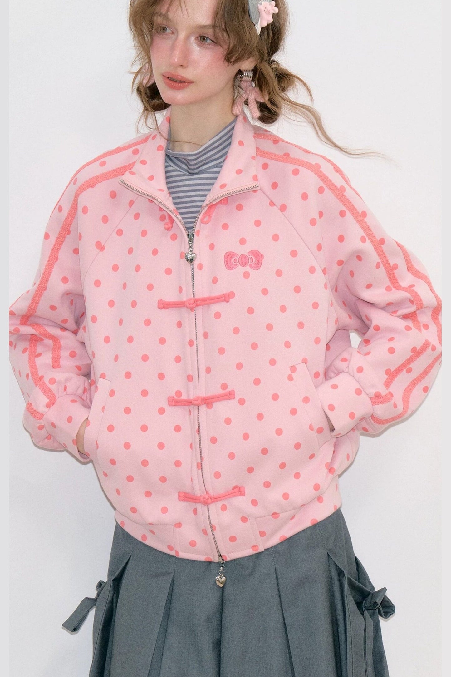 Blue Polka Dot Zipper Hoodie Jacket