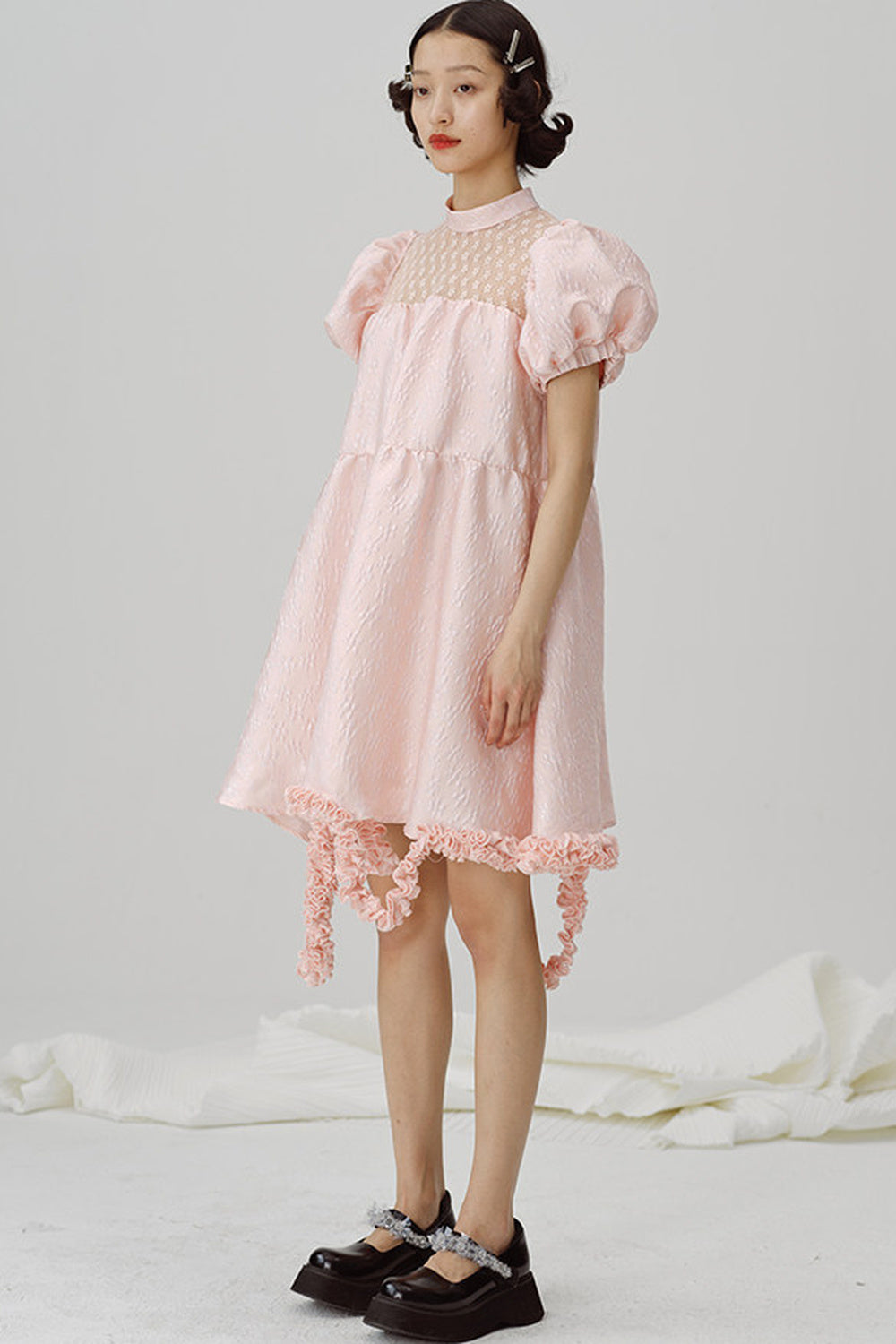 Lace Patchwork Puff Sleeve A-Line Dress