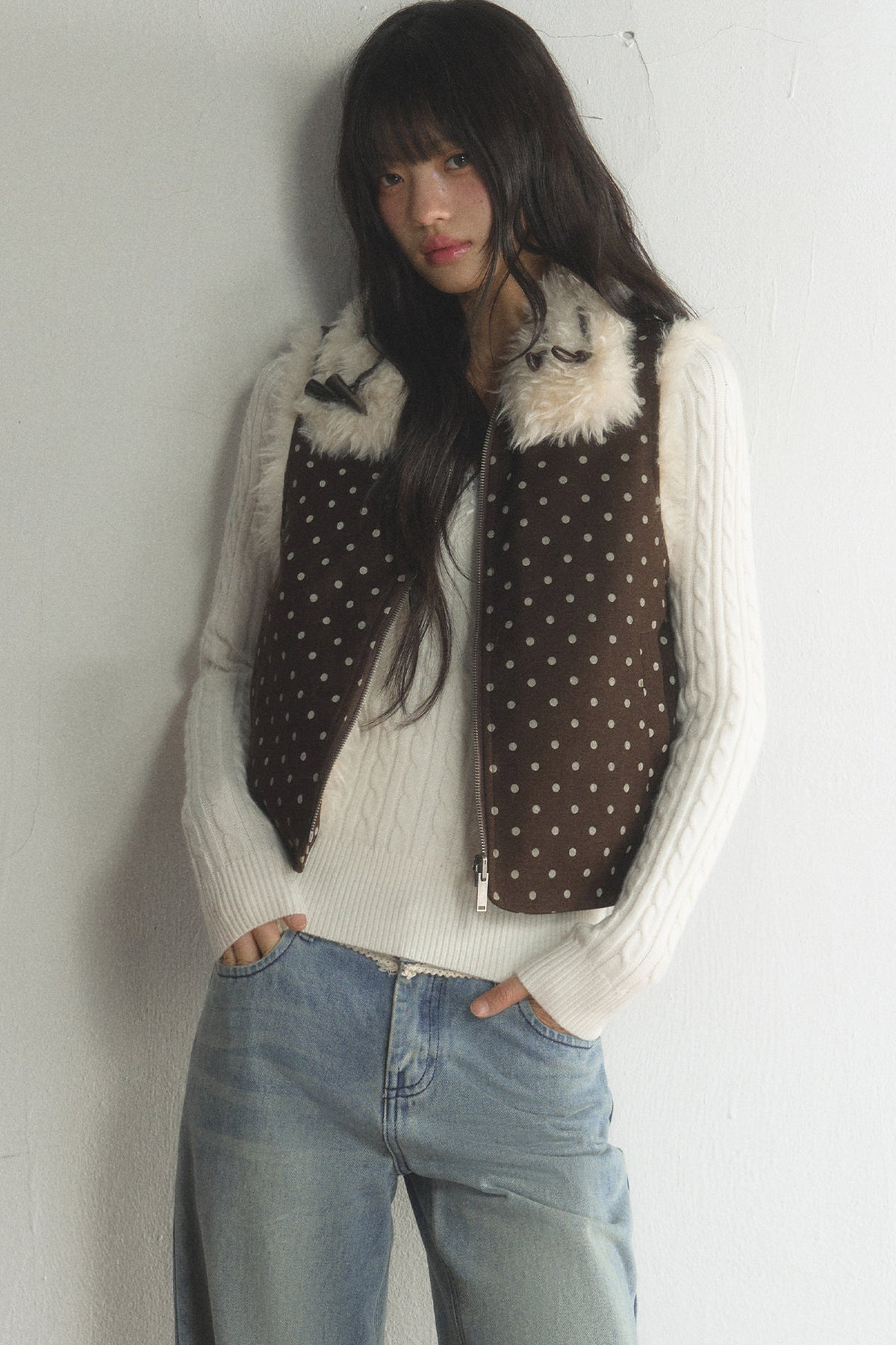 Retro Polka Dot Fur Collar Vest and Pants Set-Up