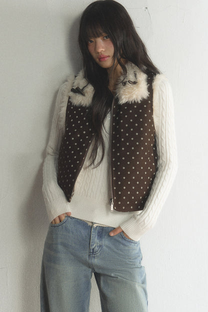 Retro Polka Dot Fur Collar Vest and Pants Set-Up