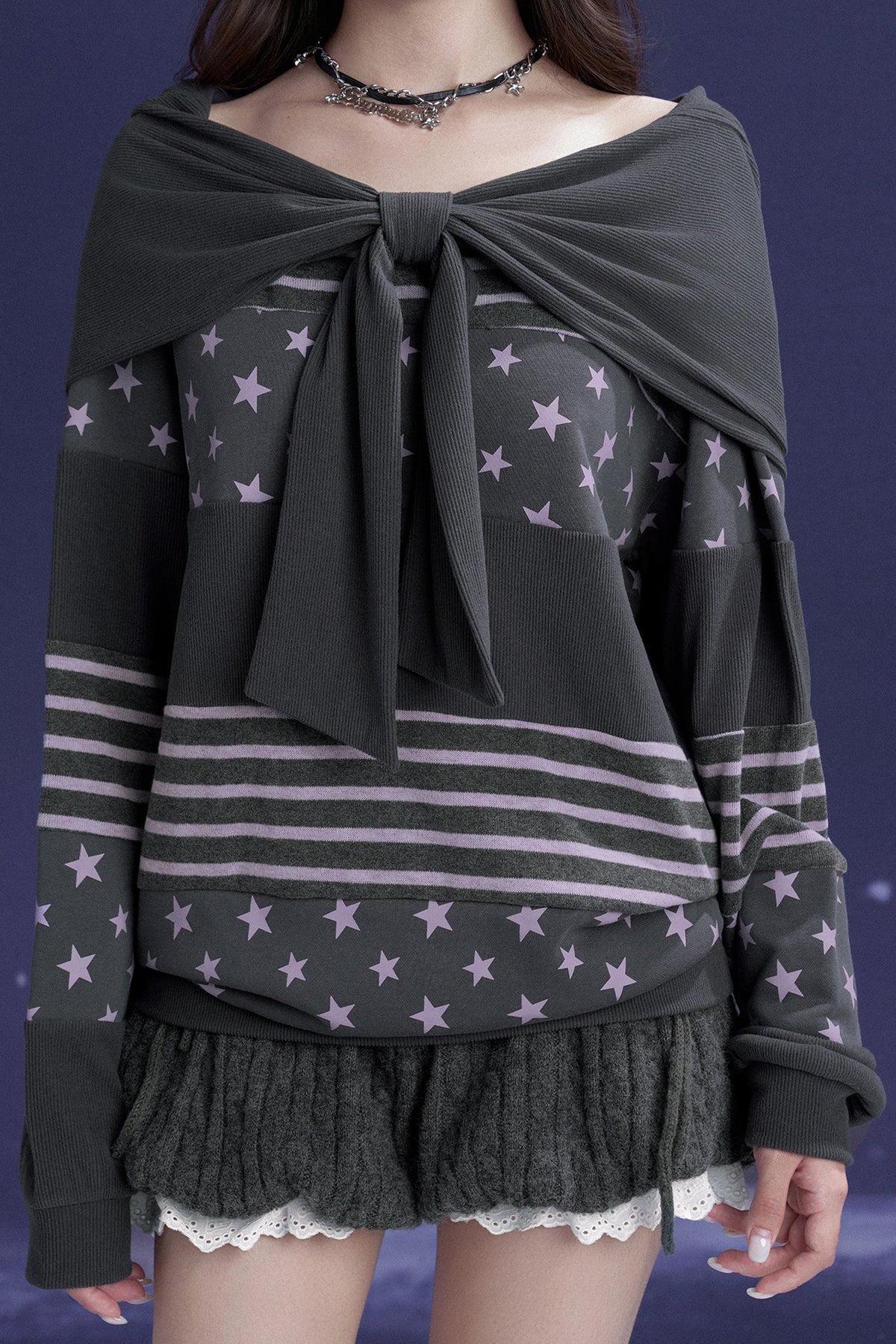 Star Patchwork Bowknot One-Shoulder Hooded Sweatshirt