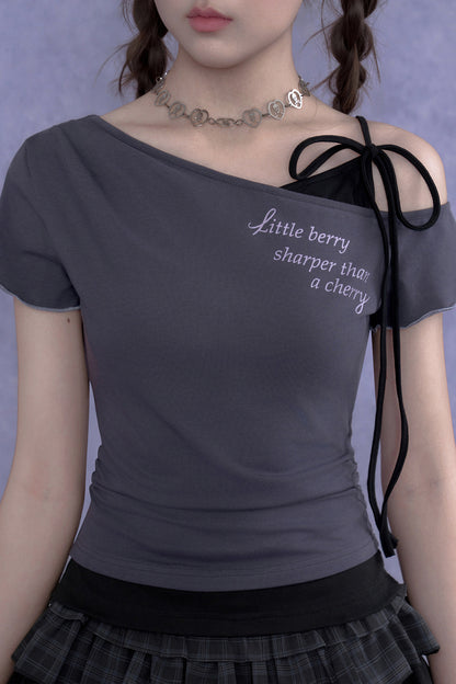 Gray-Purple One-Shoulder Faux Two-Piece Top