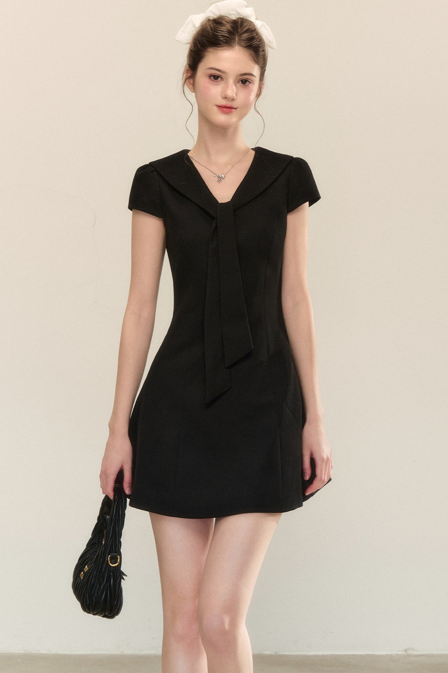 Navy Collar Short Sleeve A-Line Dress