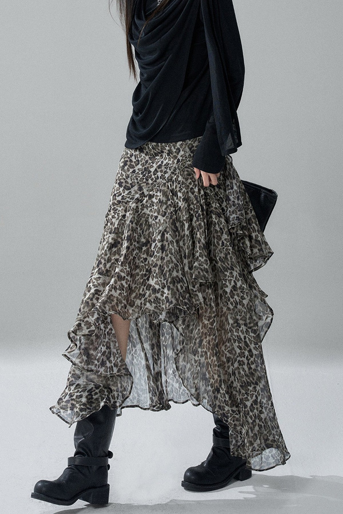 Asymmetrical Leopard Print Chiffon Skirt