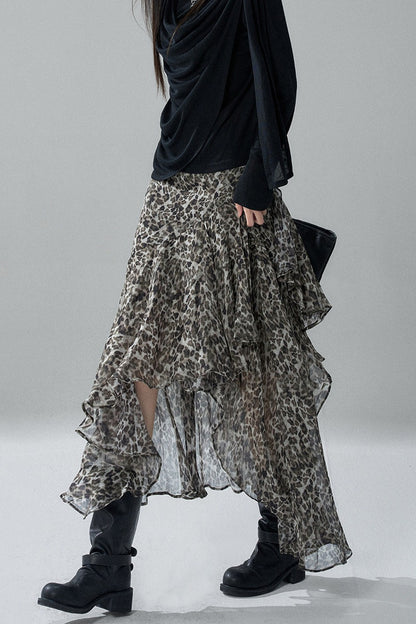 Asymmetrical Leopard Print Chiffon Skirt