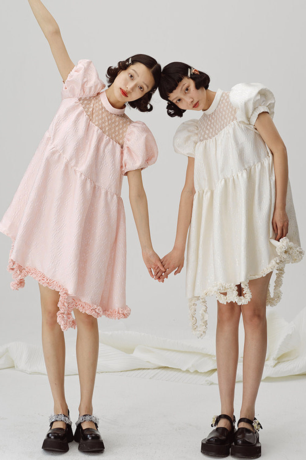 Lace Patchwork Puff Sleeve A-Line Dress