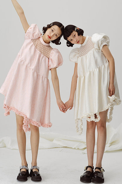 Lace Patchwork Puff Sleeve A-Line Dress