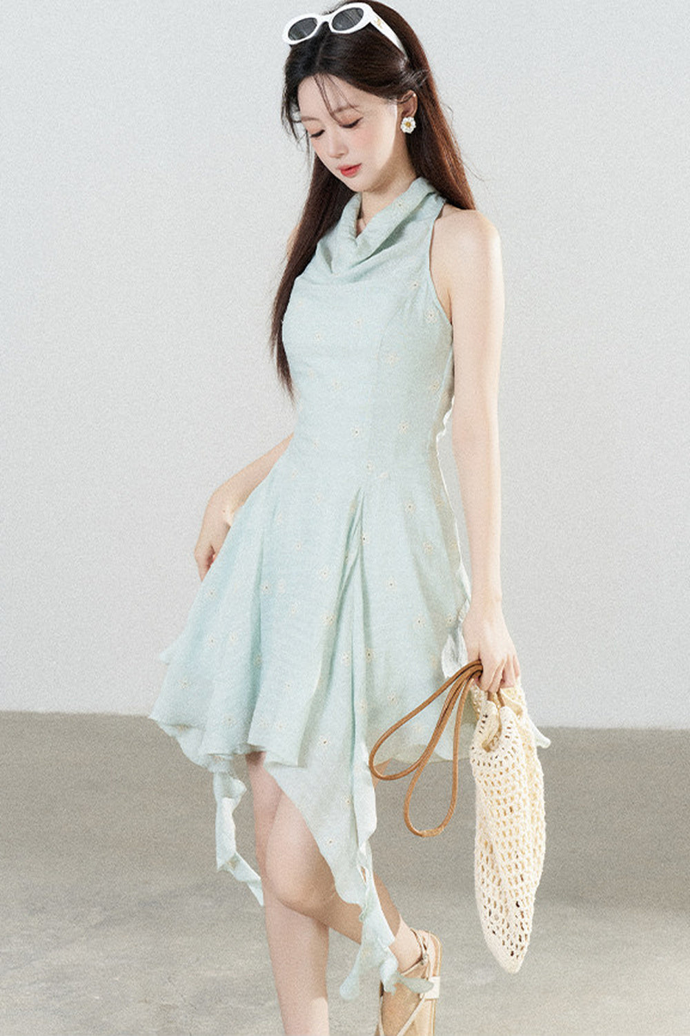 Halter Neck Sleeveless Irregular Hem Ruffle Dress