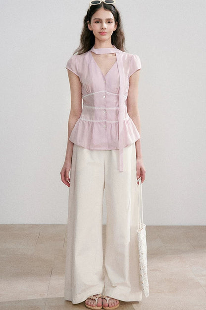 Tencel V-Neck Ribbon Blouse