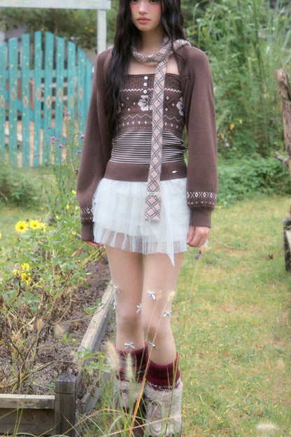 Brown Fair Isle Knit Tube Top and Cardigan Set-Up