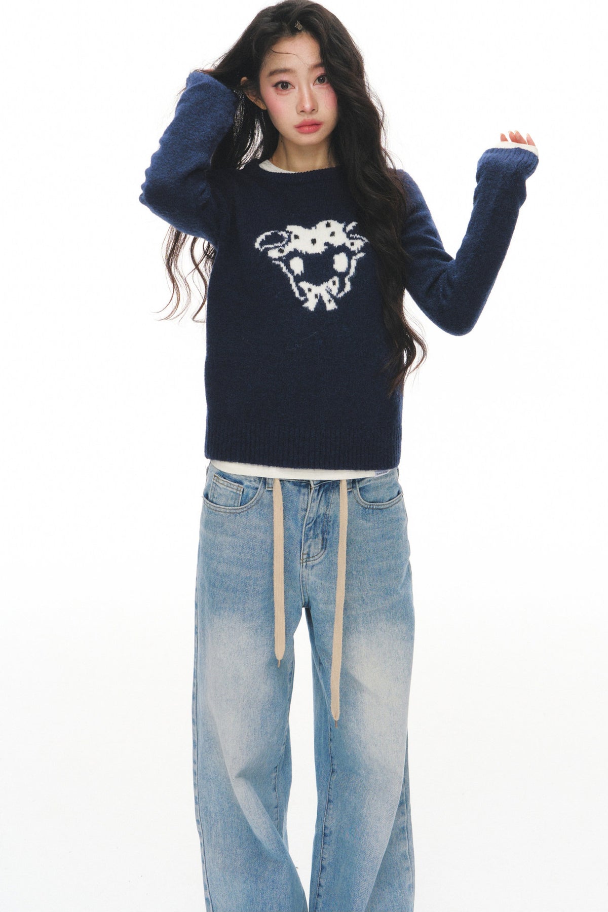 Navy Wool Jacquard Top and Pants Set-Up