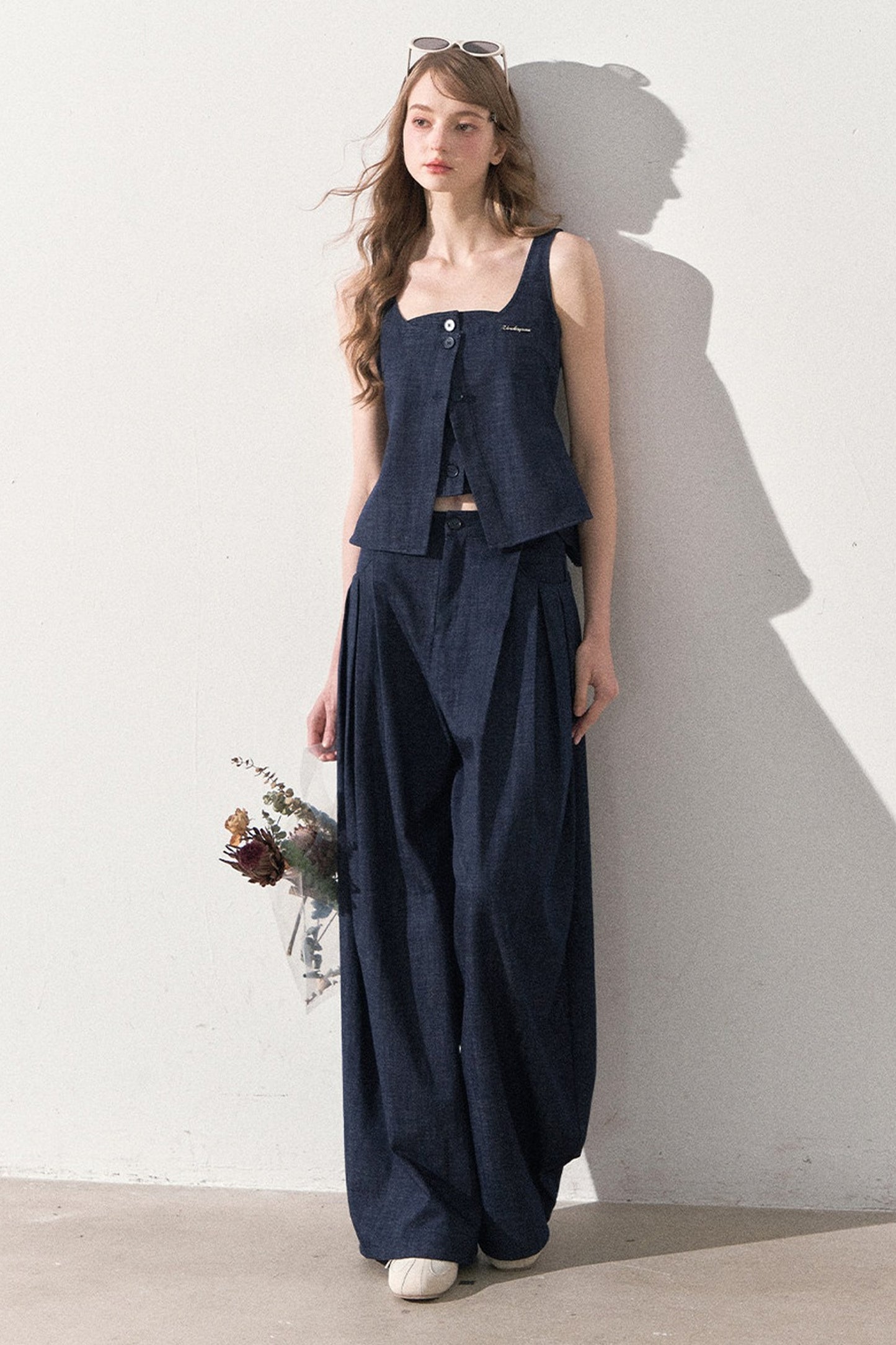 Layered-Look Faux Denim Vest and Wide Leg Pants Set-Up