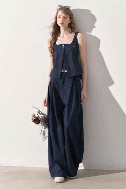Layered-Look Faux Denim Vest and Wide Leg Pants Set-Up