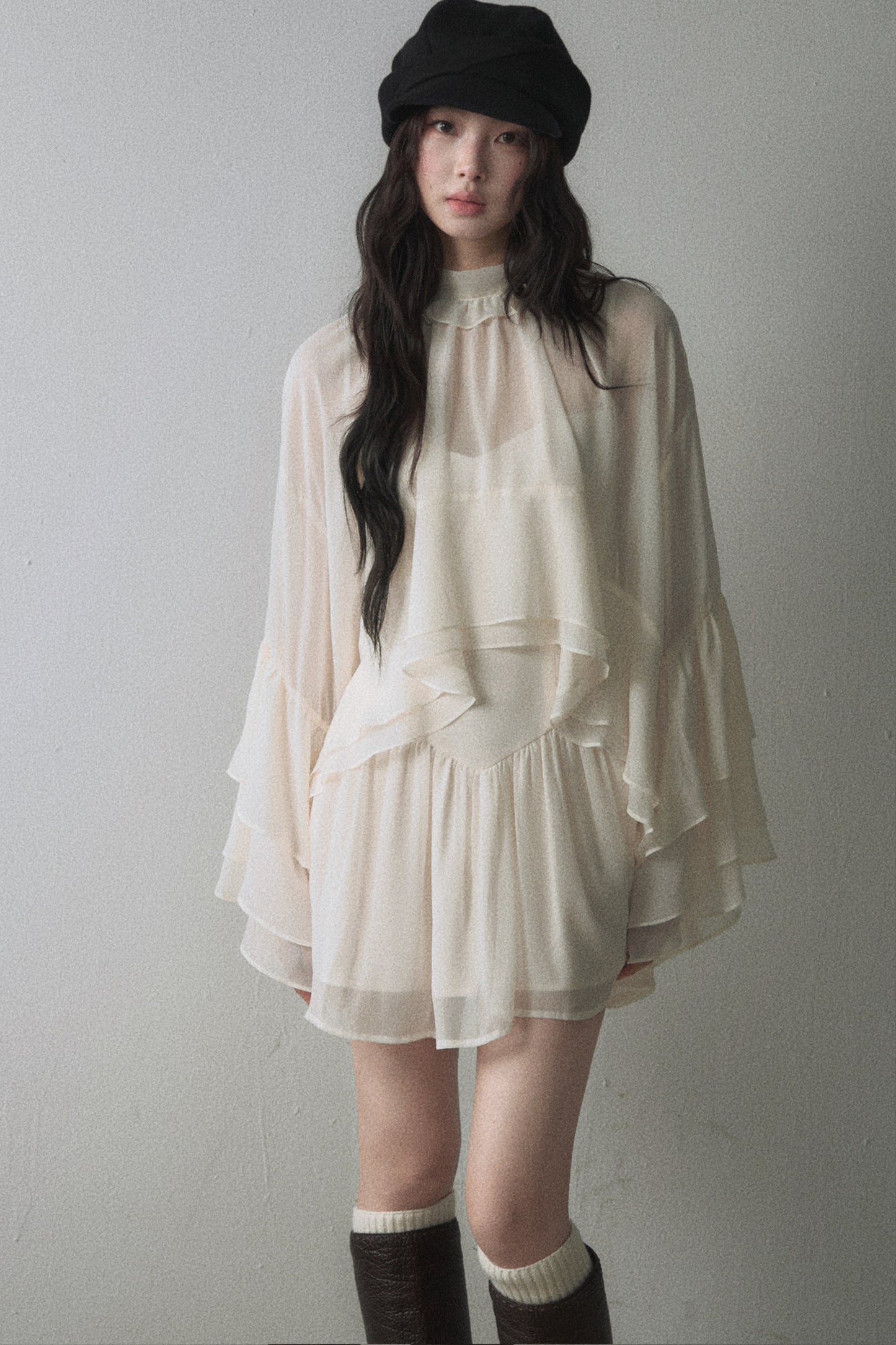 Ruffled Long-Sleeve Blouse and Suspender Dress Set-Up