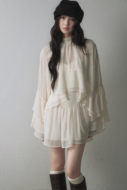 Ruffled Long-Sleeve Blouse and Suspender Dress Set-Up