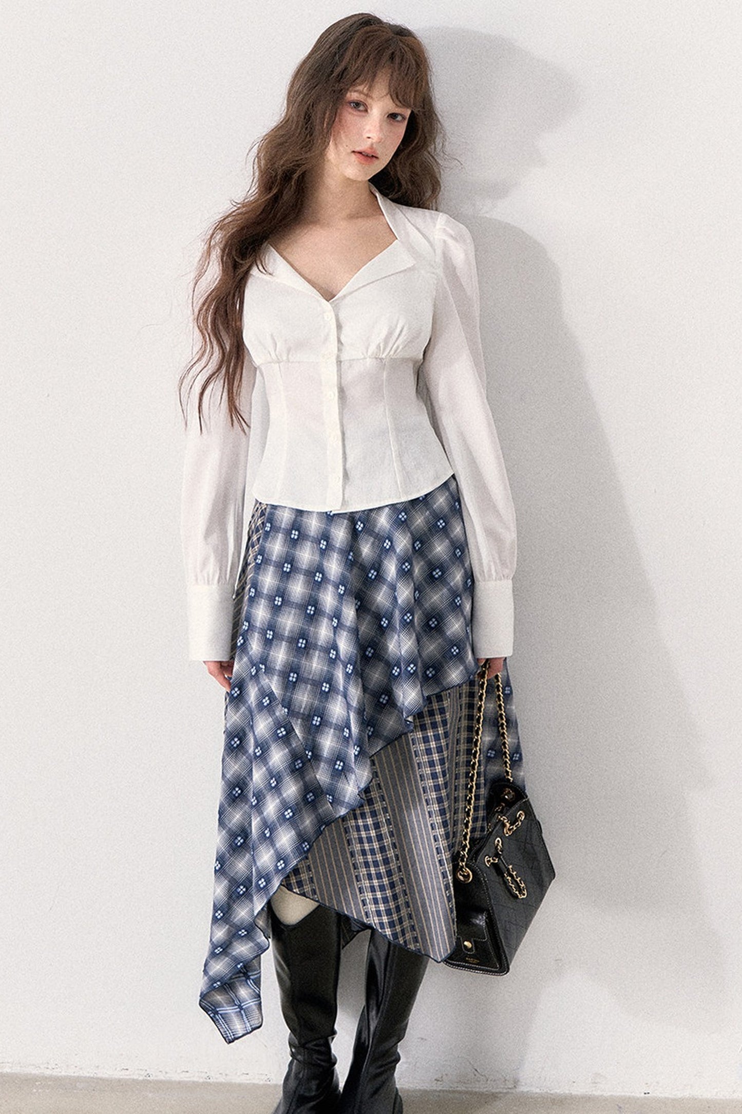 White Shirt and Denim Waistband Asymmetrical Plaid Skirt Set-Up