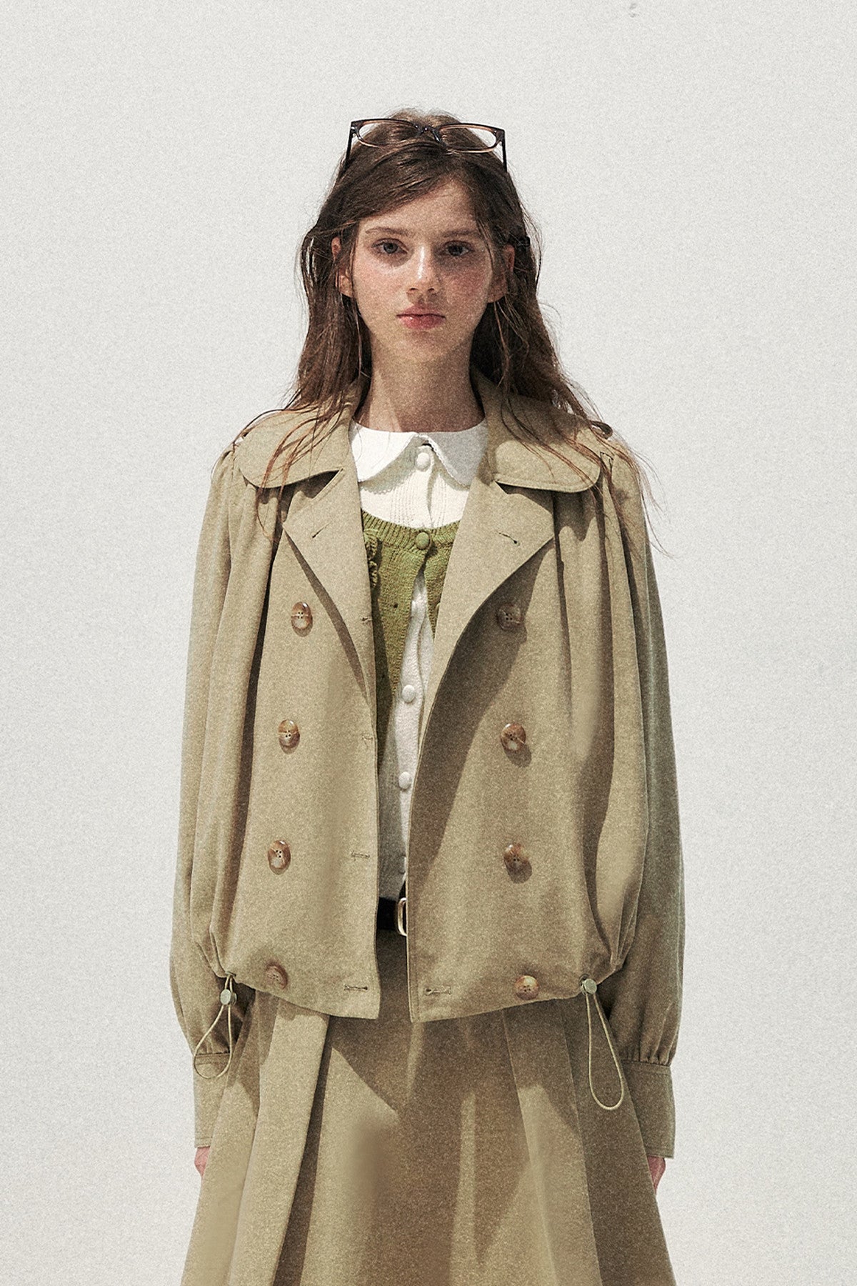 Khaki Short Trench Coat and Skirt Set-Up
