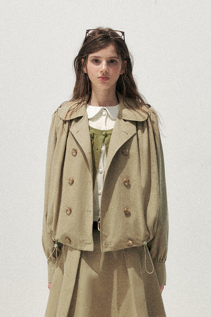 Khaki Short Trench Coat and Skirt Set-Up