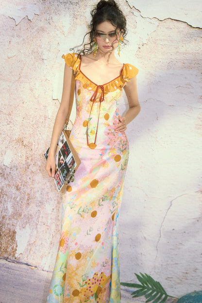 French Oil Painting Floral Ruffle Dress