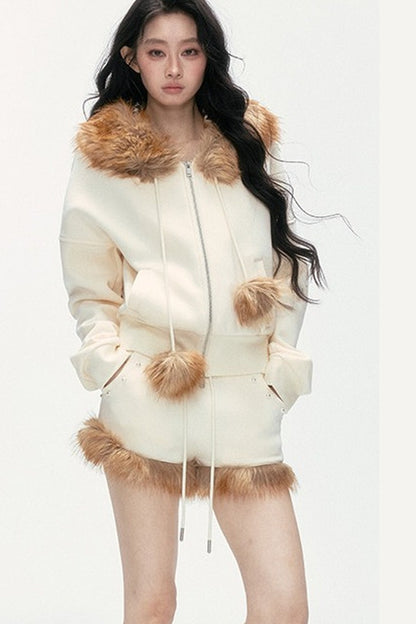 Studded Embroidered Detachable Fur Collar Sweatshirt And Shorts Set-Up