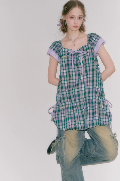 Purple Plaid Flutter Dress