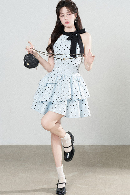 Blue Polka Dot Halter Dress