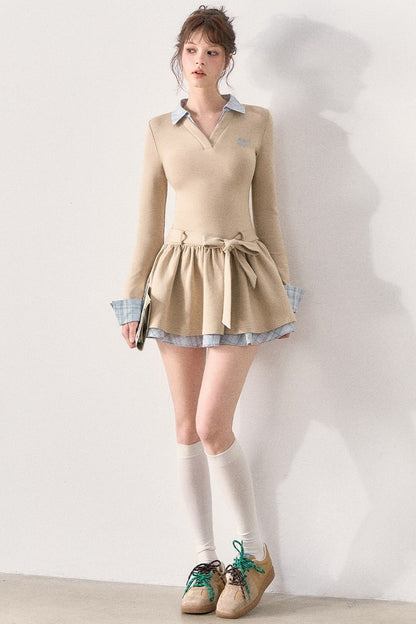 Bow Belt Knit Layered-Look Dress